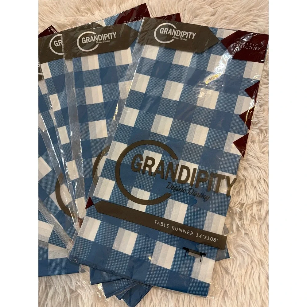 Grandipity Blue Gingham Plastic Table Runner 14x108 Disposable 10 Pack